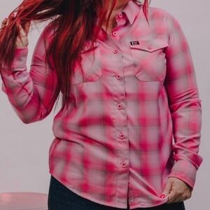 DIXXON Flannel Co Womens Keep A Breast/ I Love Boobies Plaid Button Shirt,Pink,L